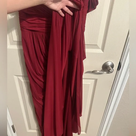 ALFRED SUNG D743 Ruched V-Neck Cold Shoulder Maxi Dress w Slit, Burgundy, Sz 2 - Picture 11 of 15
